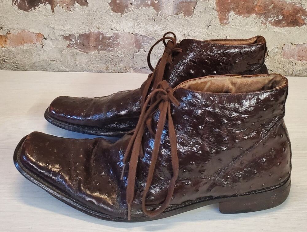 Mens Ostrich Leather Lace Up Ankle Boots 12M Square Toe Brown Dress